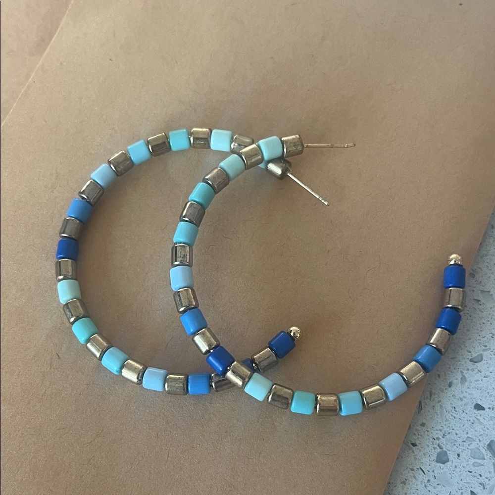 Blue and Gold Beaded Hoop Earrings